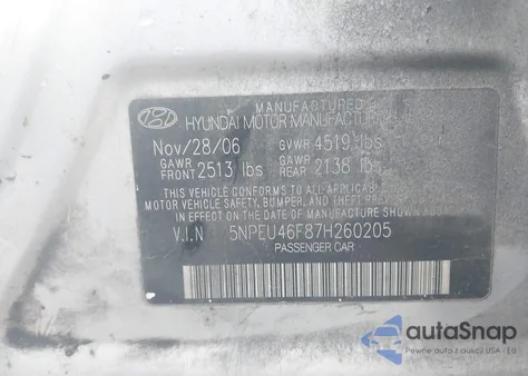2007 Hyundai Sonata Limited/Se V6 z USA, uszkodzony, nr VIN 5NPEU46F87H260205